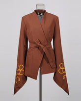 Luxury Brown Embroidered Kimono Wrap Blazer